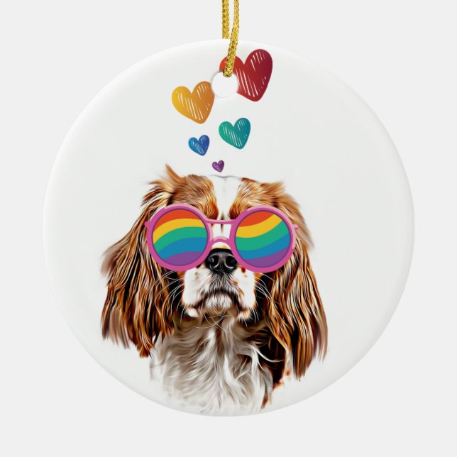 Cavalier King Dog with Hearts Valentine's Day Ceramic Tree Decoration (Front)