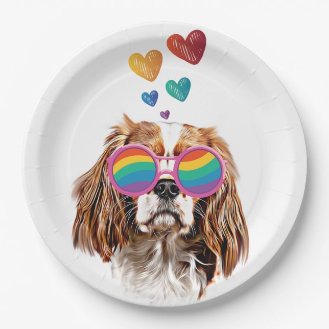 Cavalier King Dog with Hearts Valentine's Day Paper Plate (Front)