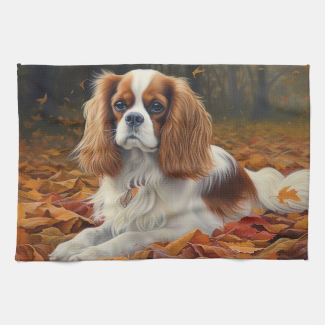 Cavalier King  in Autumn Leaves Fall Inspire  Tea Towel (Horizontal)