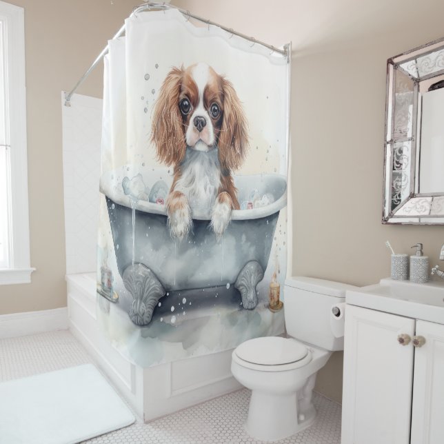 Cavalier King In Bathtub Watercolor Dog Art Shower Curtain (In Situ)
