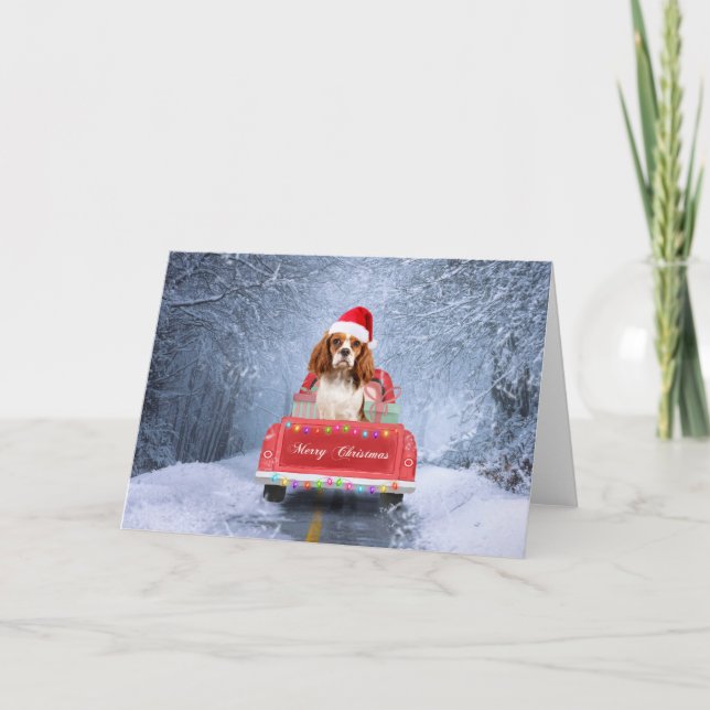 Cavalier King  in Snow sitting in Christmas Truck Card (Front)