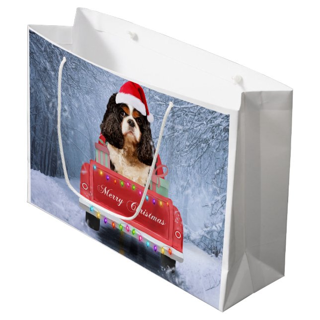 Cavalier King  in Snow sitting in Christmas Truck  Large Gift Bag (Front Angled)