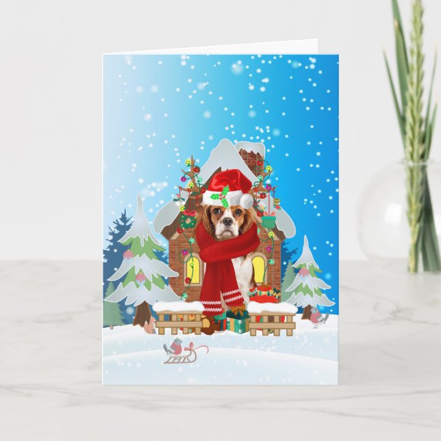 Cavalier King in snow with Christmas gifts  Card (Front)