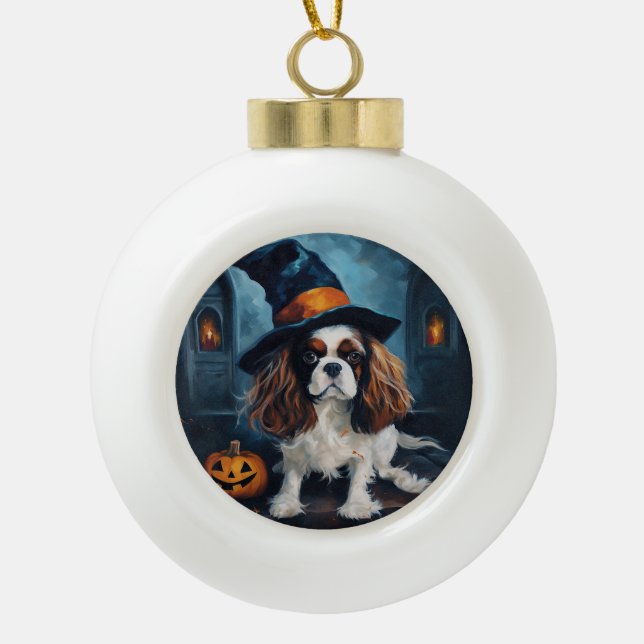 Cavalier King Pumpkins Halloween Scary  Ceramic Ball Christmas Ornament (Front)