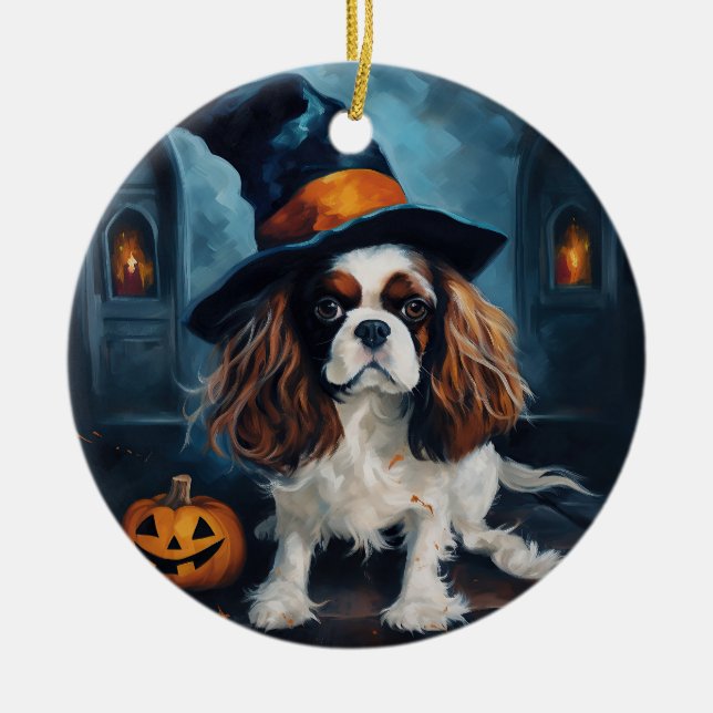 Cavalier King Pumpkins Halloween Scary  Ceramic Tree Decoration (Front)