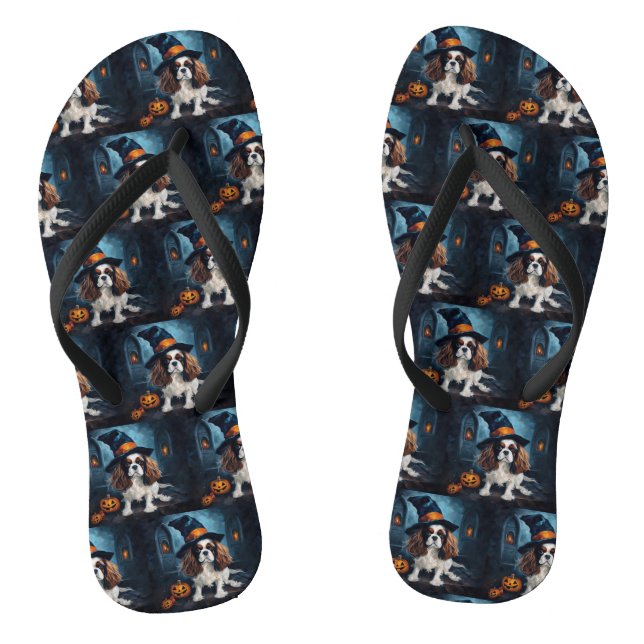 Cavalier King Pumpkins Halloween Scary  Flip Flops (Footbed)