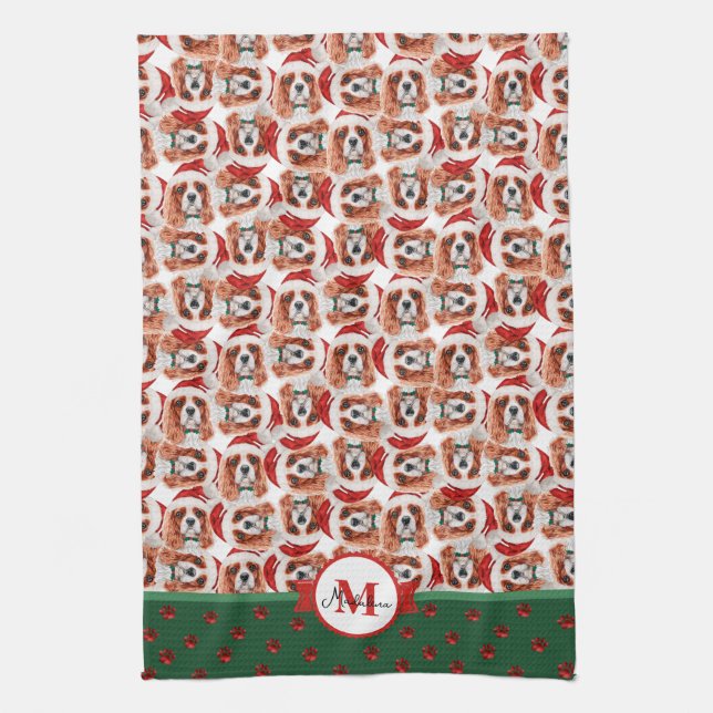 Cavalier King Spaniel Monogram Christmas Dog Tea Towel (Vertical)