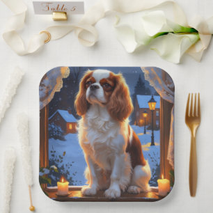 Cavalier King with Christmas Lights Holiday Paper Plate