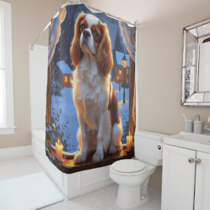 Cavalier King with Christmas Lights Holiday Shower Curtain