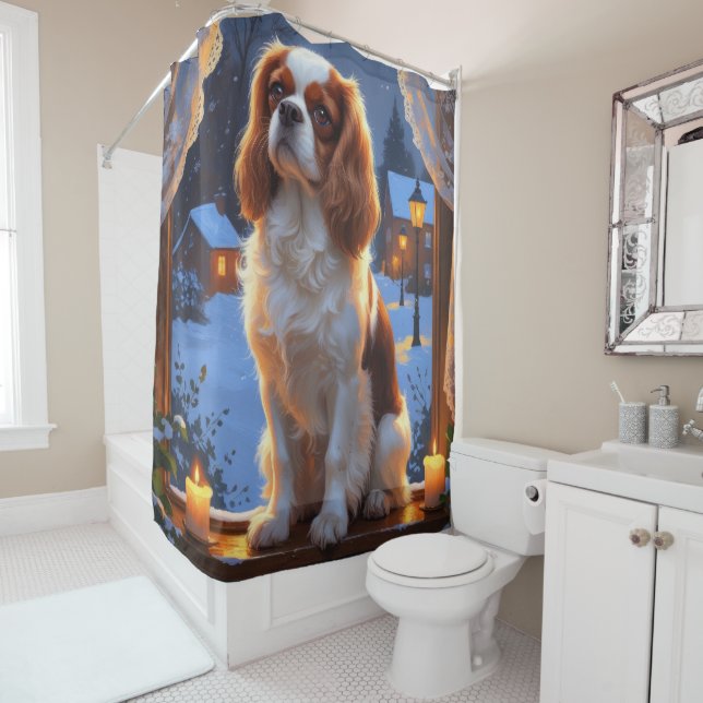 Cavalier King with Christmas Lights Holiday Shower Curtain (In Situ)