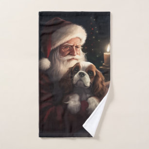 Cavalier King With Santa Claus Festive Christmas Bath Towel Set