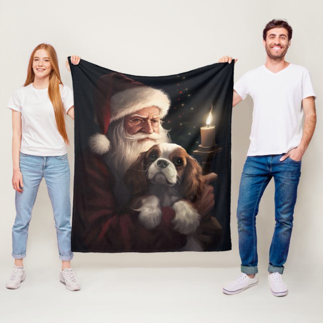 Cavalier King With Santa Claus Festive Christmas Fleece Blanket (In Situ)