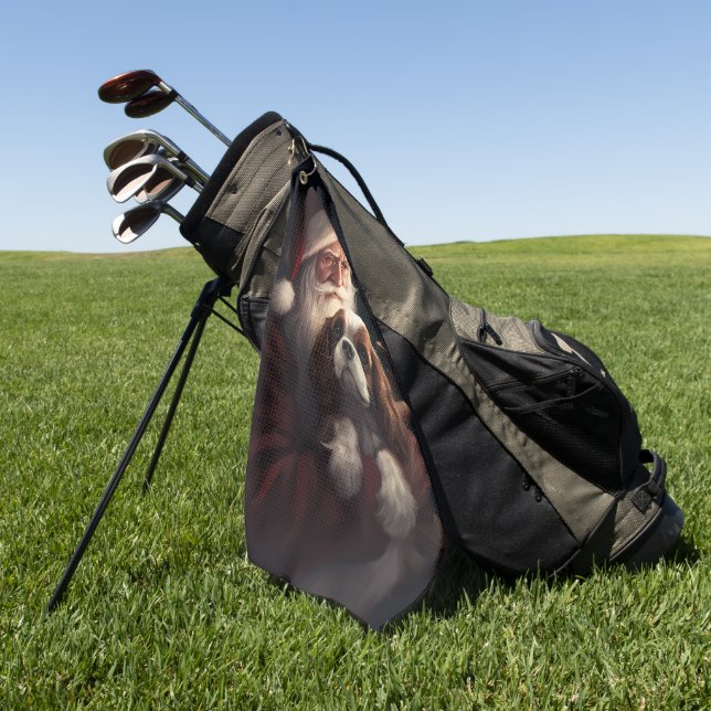 Cavalier King With Santa Claus Festive Christmas Golf Towel (Green)