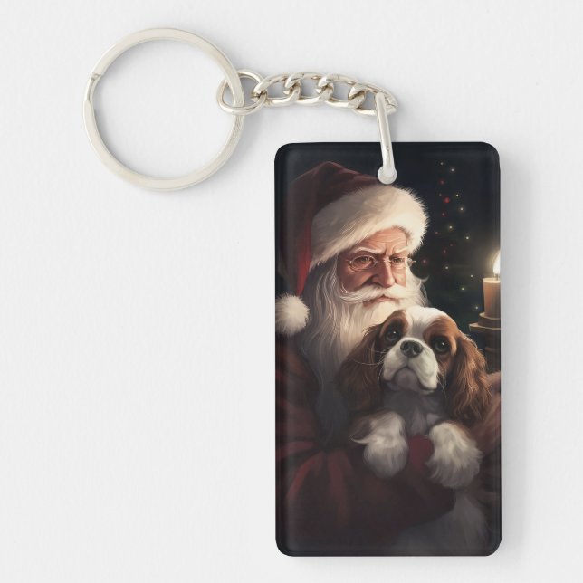 Cavalier King With Santa Claus Festive Christmas Key Ring (Front)