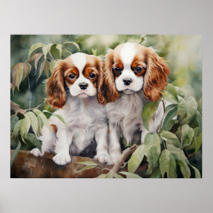 Cavalier Puppies in the Garden Poster