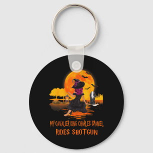 Cavalier Rides Shotgun Dog And Witch Funny Key Ring