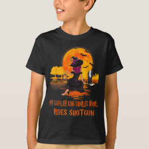 Cavalier Rides Shotgun Dog And Witch Funny T-Shirt