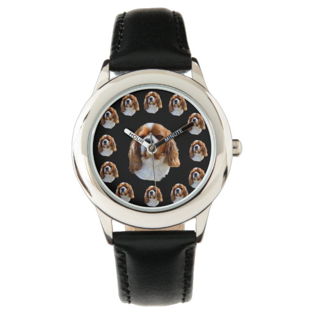 Cavalier Spaniel Dog Face Pattern, Kids Leather Watch (Front)