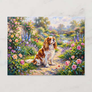 Cavalier Spaniel in Summer Garden by Pond Postcard