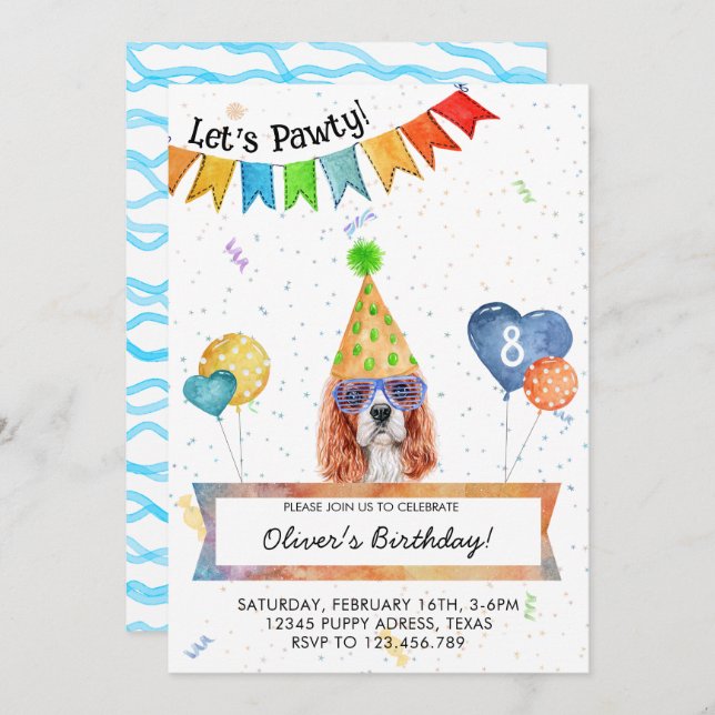 Cavalier Spaniel Lets Pawty Dog Birthday Party Invitation (Front/Back)