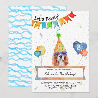 Cavalier Spaniel Lets Pawty Dog Birthday Party Invitation