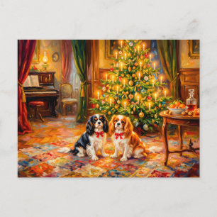 Cavalier Spaniels at the Christmas Tree Holiday Postcard