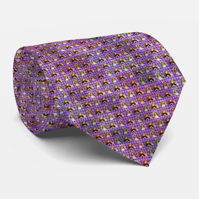 Cavalier Spaniels On Purple Tartan, Tie (Rolled)