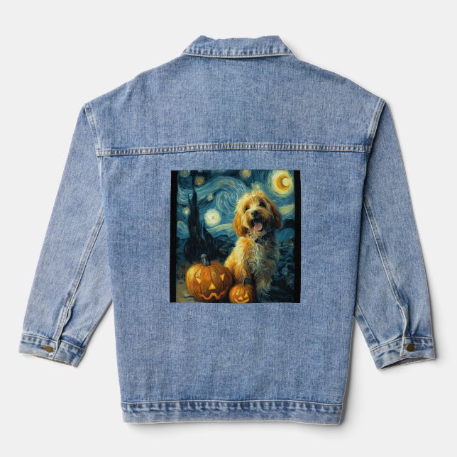 Cavapoo Cute Dog Halloween Jack O Lantern Pumpkin  Denim Jacket (Back)