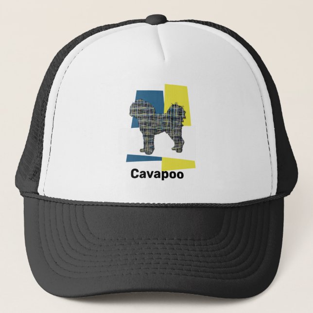 Cavapoo Cute Dog Silhouette Tricolour Grid Trucker Hat (Front)