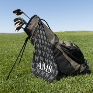 Cavapoo Cute Dog Silhouette Y&B Grid Black Golf Towel