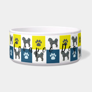 Cavapoo Dog & Paw Yellow & Blue Grid Dog Bowl
