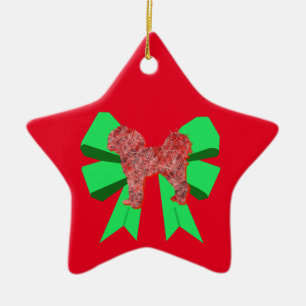 Cavapoo Dog Silhouette Red  & Green Bow Christmas Ceramic Tree Decoration