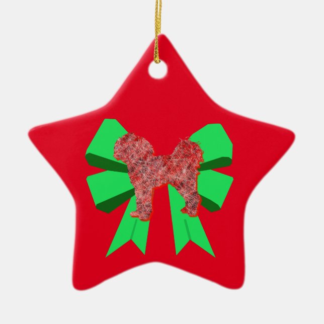Cavapoo Dog Silhouette Red  & Green Bow Christmas Ceramic Tree Decoration (Front)