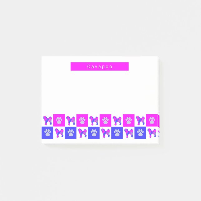Cavapoo Silhouette Dog & Paw Hot Pink & Blue Post-it Notes (Front)