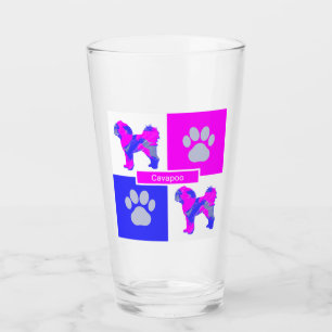 Cavapoo Silhouette Dog & Paw Pink and Blue Square Glass