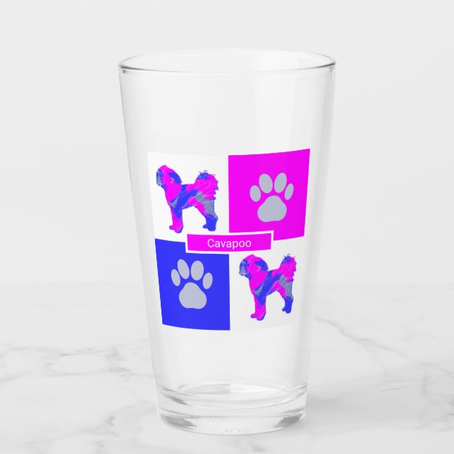 Cavapoo Silhouette Dog & Paw Pink and Blue Square Glass (Front)