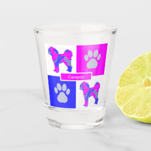 Cavapoo Silhouette Dog & Paw Pink and Blue Square Shot Glass