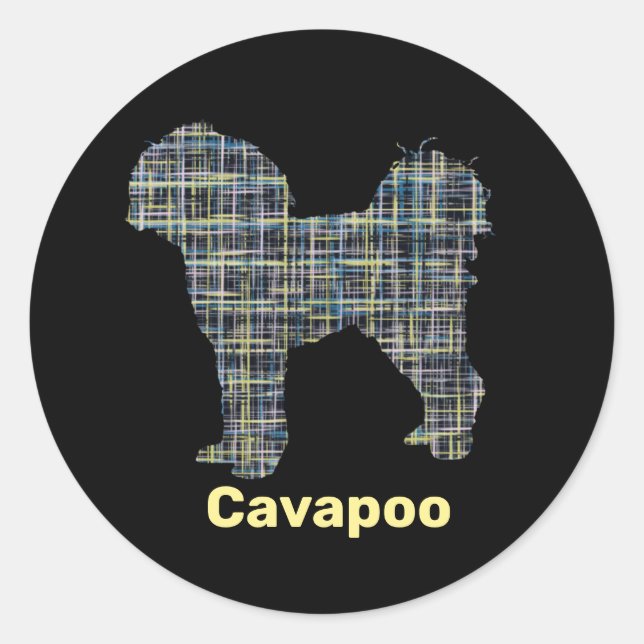 Cavapoo Yellow & Black Grid Line Classic Round Sticker (Front)