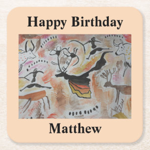 Cave Art Abstract Birthday  Square Paper Coaster