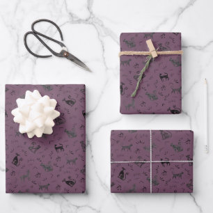 Cave Art Cats on Dark Gray Magenta Wrapping Paper Sheet