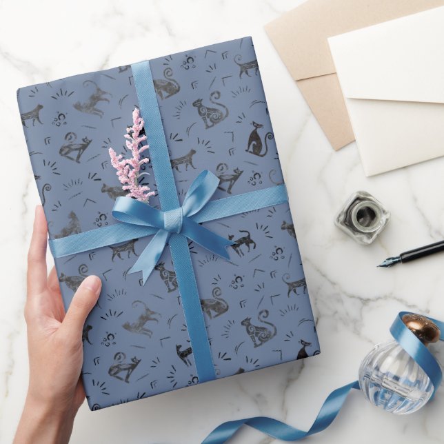 Cave Art Cats on Gray Blue Wrapping Paper (Gifting)