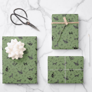 Cave Art Cats on Green Wrapping Paper Sheet