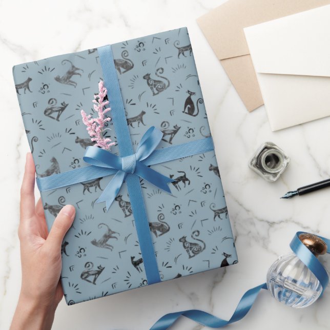 Cave Art Cats on Light Gray Azure Wrapping Paper (Gifting)