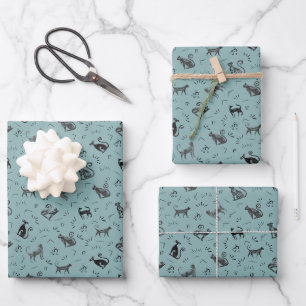 Cave Art Cats on Light Gray Cyan Wrapping Paper Sheet