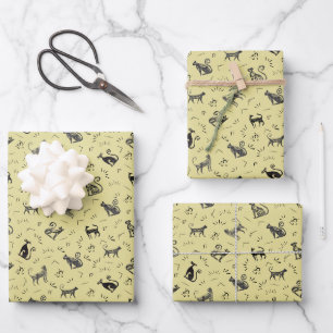 Cave Art Cats on Yellow Wrapping Paper Sheet
