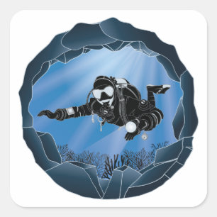 Cave Diving Art - Underwater Scuba Diver Square Sticker