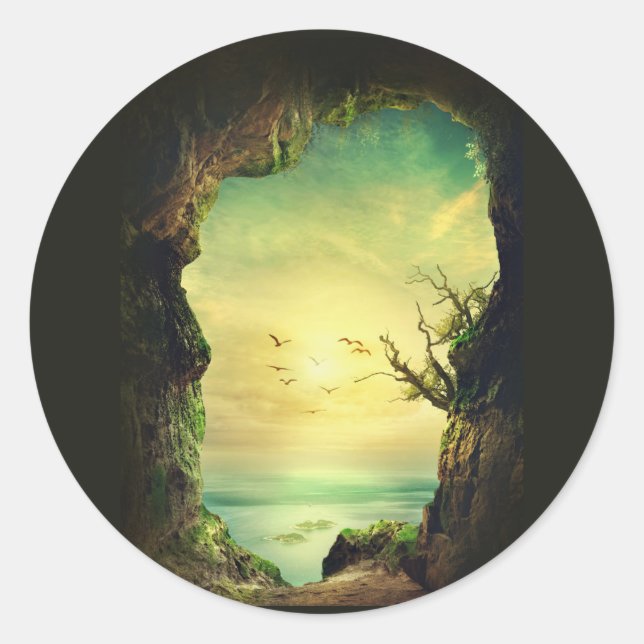 Cave overlooking a Tropical Sea Scenic Photo Classic Round Sticker (Front)