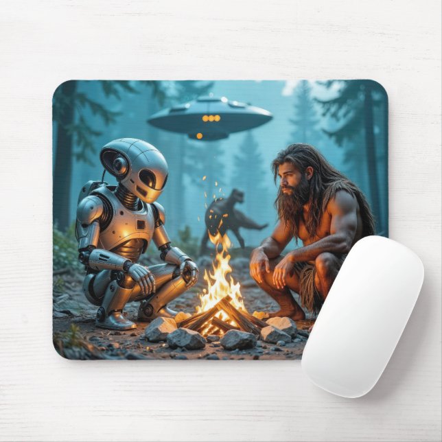 Caveman and Alien Robot By a Campfire Mouse Mat (With Mouse)
