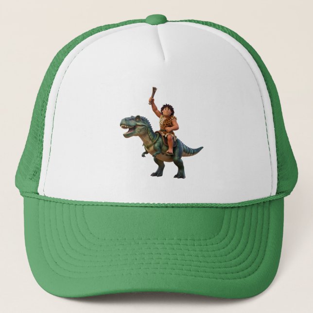 Caveman riding a dinosaur trucker hat (Front)