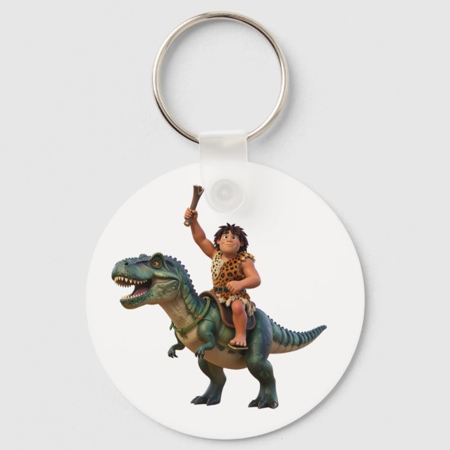 Caveman Riding Dinosaur Cartoon Image Key Ring (Front)